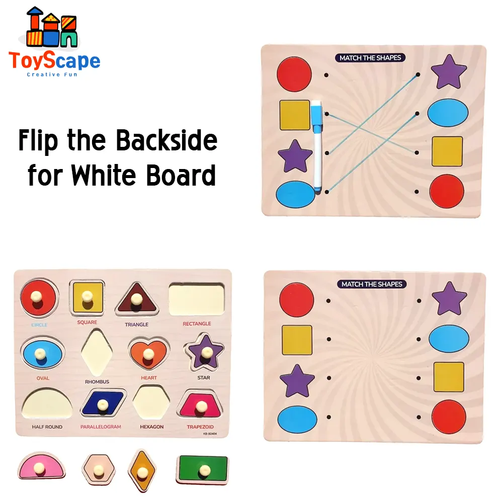 Double-Sided Wooden Geometric Shapes Puzzle & Matching Board